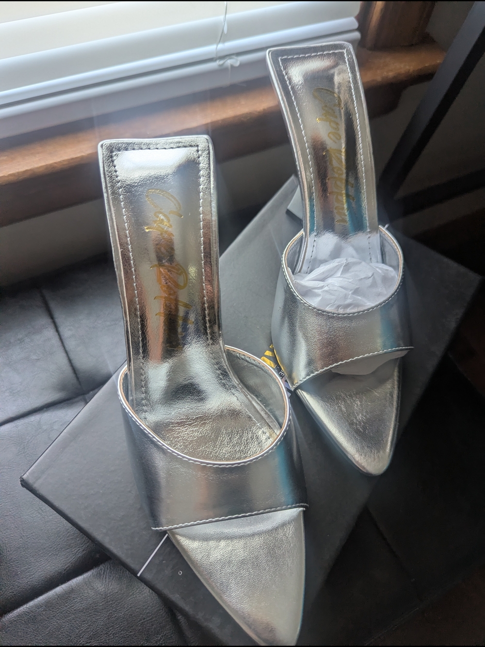 Metallic Silver Pointed Toe Mule Heels - Women